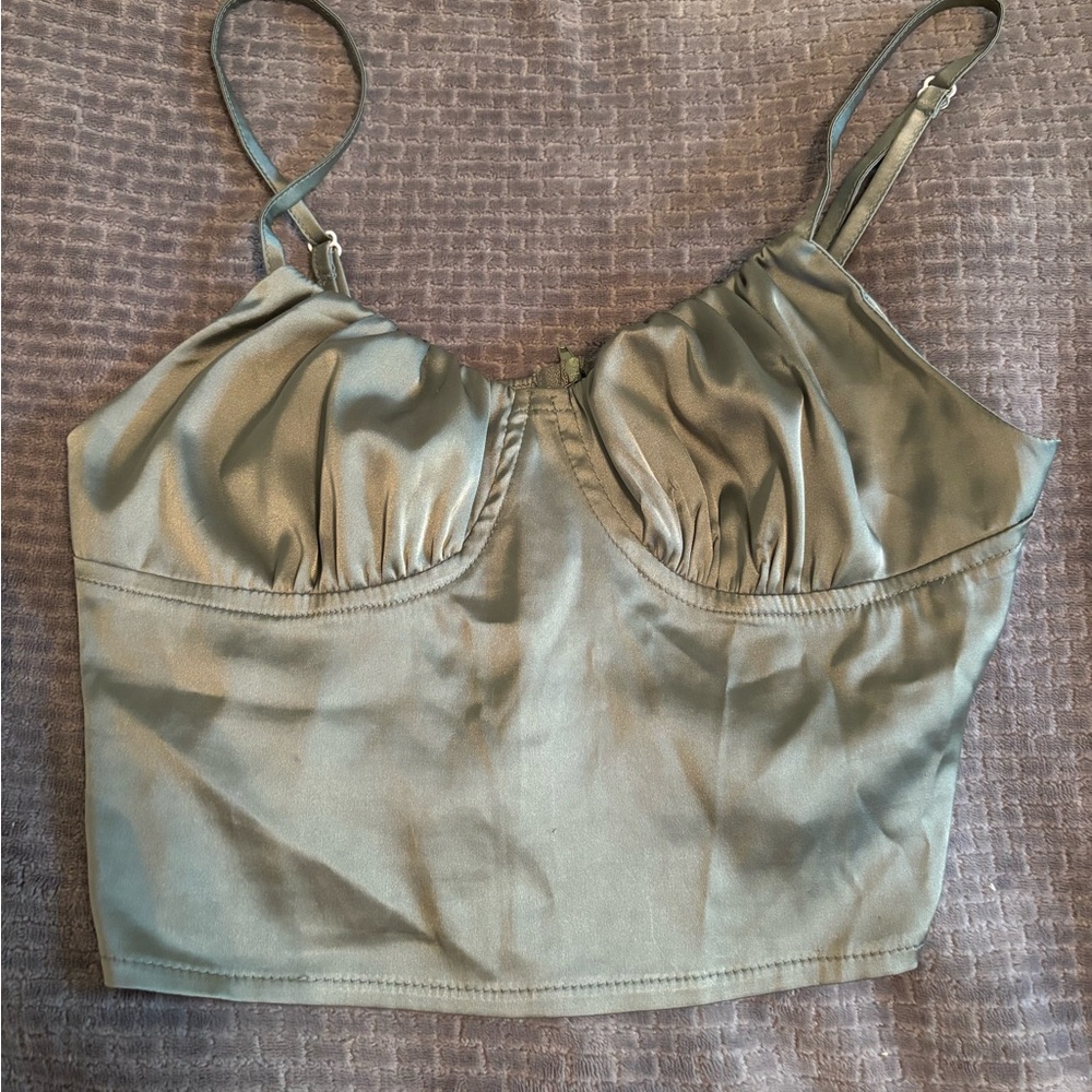 Sleek Olive Green Satin Crop Top